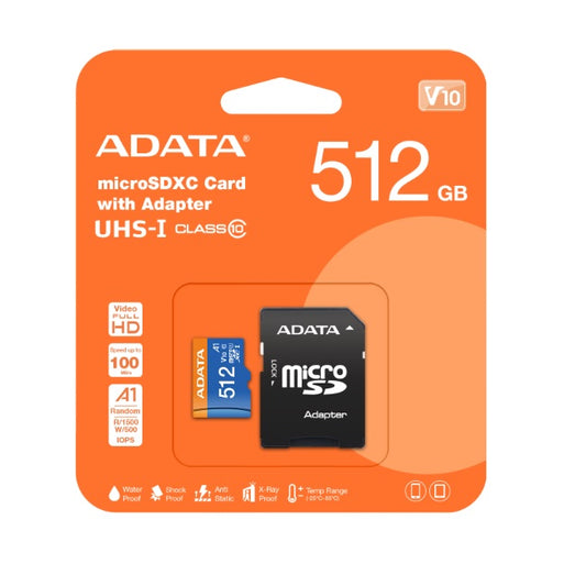 Memoria ADATA 512GB MicroSD Premier con adaptador SD clase10 A1 U1 V10 100MB/s