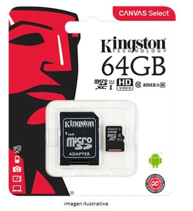 Memoria Kingston 64GB MicroSD con adaptador SD Canvas Select Plus 100MB/85MB por segundo