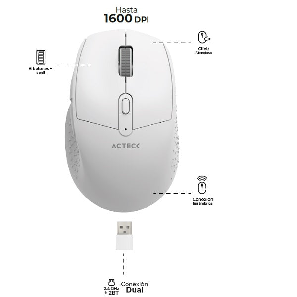 Mouse Acteck OPTIMIZE ERGO MI680 conexion dual Bluetooth/Inalambrico blanco 1600DPI