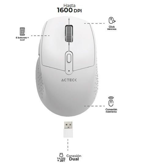 Mouse Acteck OPTIMIZE ERGO MI680 conexion dual Bluetooth/Inalambrico blanco 1600DPI