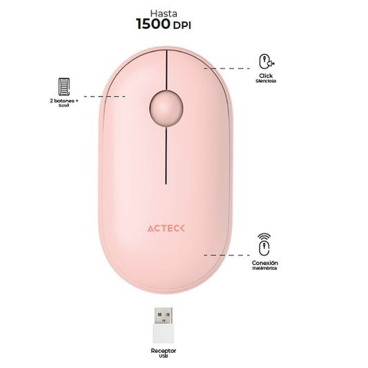 Mouse Acteck Ultra Delgado Optimize Edge MI460 rosa Inalámbrico 1500 DPI bateria AA