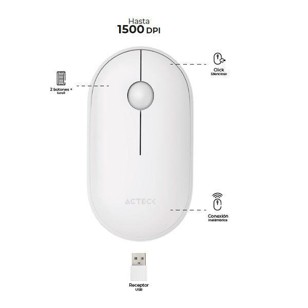 Mouse Acteck Optimize Edge MI460 Inalámbrico Blanco Diseño Delgado 1600DPI 2 Botones + 1