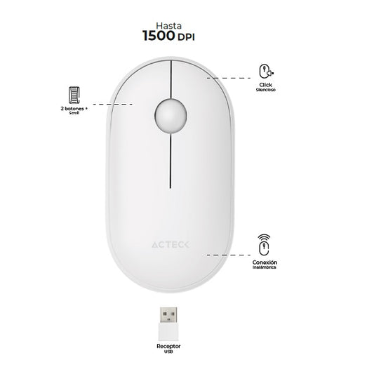 Mouse Acteck Optimize Edge MI460 Inalámbrico Blanco Diseño Delgado 1600DPI 2 Botones + 1