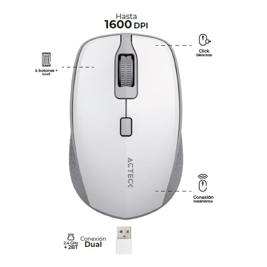 Mouse Acteck Optimize Trip MI670 Bluetooth Blanco 1600DPI 4 Botones +1