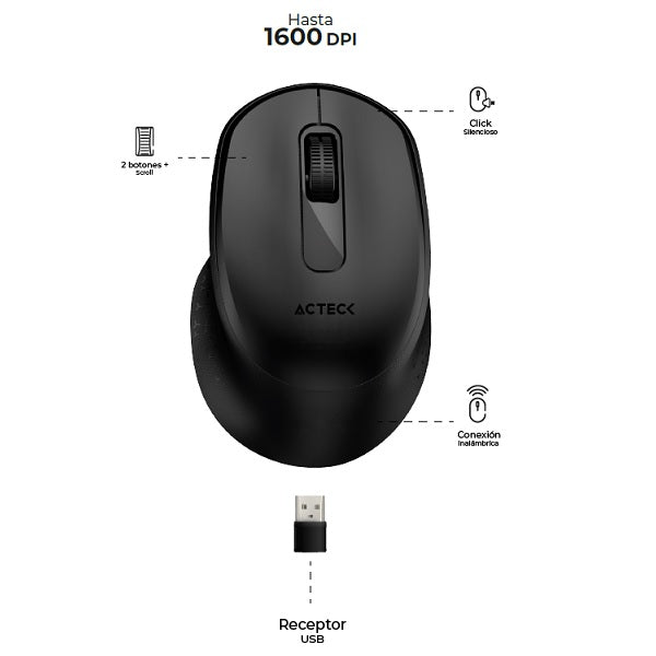 Mouse Acteck Optimize Ergo MI470 Inalámbrico Negro Diseño Ergonómico 1600DPI 2 Botones +1 Batería