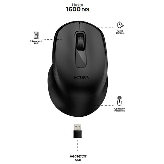 Mouse Acteck Optimize Ergo MI470 Inalámbrico Negro Diseño Ergonómico 1600DPI 2 Botones +1 Batería