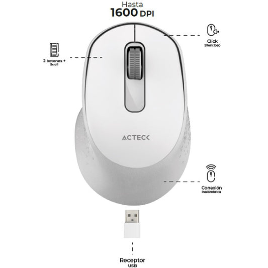 Mouse Acteck Optimize Ergo MI470 Inalámbrico Blanco Diseño Ergonómico 1600DPI 2 Botones +1 Batería