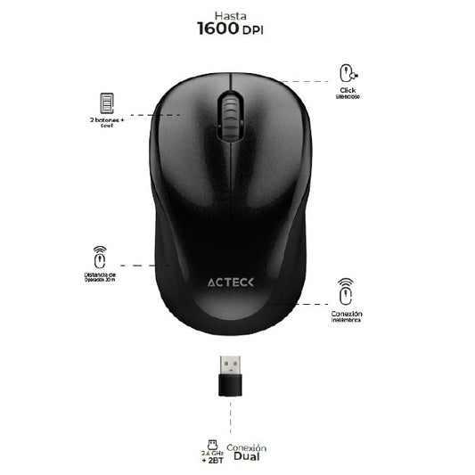 Mouse Acteck Optimize Trip MI480 Inalámbrico Negro Diseño Ultra Portátil 1600DPI 2 Botones +1