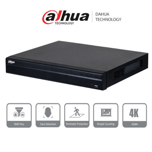 NVR Dahua DHI-NVR4232-16P-4KS3 8 mp 4k 32 canales IP 16 puertos PoE rendimiento de 160 mdps smart H.265 + 2 bahias de disco duro