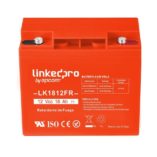 Bateria LinkedPRO by epcom LK1812FR 12 Vcc 18 Ah UL tecnologia AGM-VRLA para uso en equipo electronico alarmas de intrusion incendio control de acceso video vigilancia terminales terminales T1