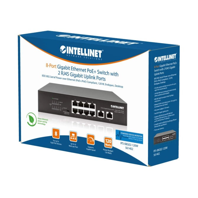 Swicth Intellinet 8 Puertos PoE+ GB 2 puertos Gigabit RJ45 de enlace ascendente