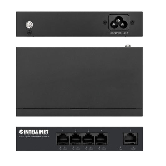 Swicth Intellinet 5 Puertos PoE+ Gigabit presupuesto de energia PoE de 40W escritorio, opcion de montaje en pared