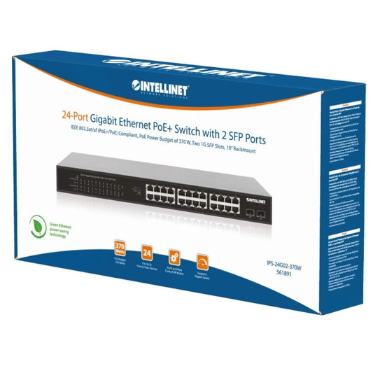 Swicth Intellinet 24 Puertos PoE+ 2 puertos Gigabit RJ45 de enlace ascendente montaje en rack de 19
