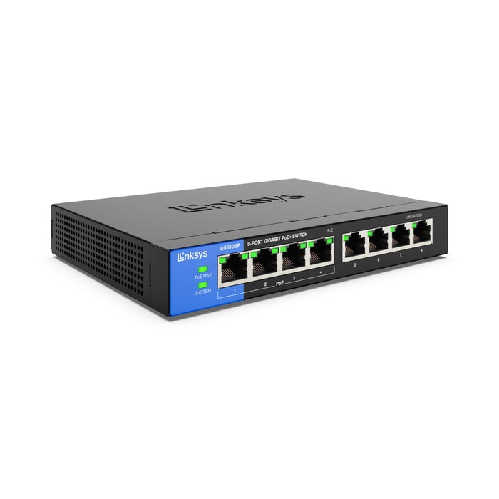 Switch Linksys LGS108P PoE metálico escritorio 8 puertos RJ45 gigabit (4 puertos PoE+ IEEE 802.3at max. 50W) no administrable