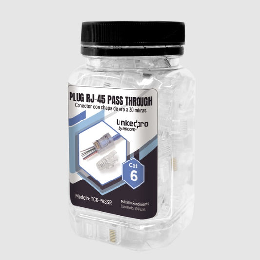 Bote Plugs LinkedPro by Epcom con 100 Plugs Pass through RJ45 Cat6 sin blindaje, chapado de oro a 30 micras para durabilidad extrema