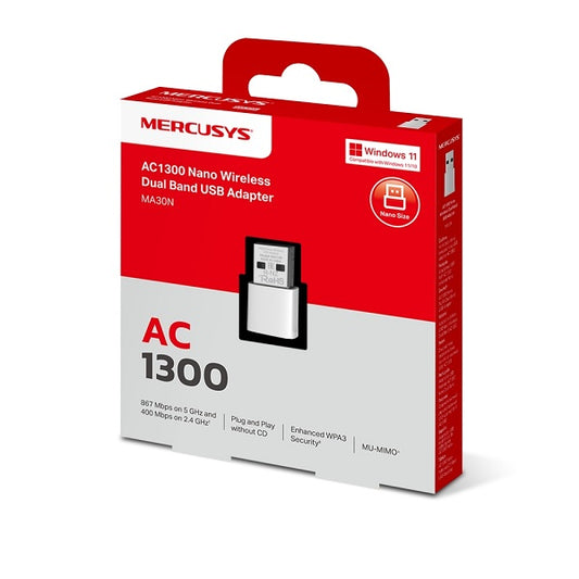 Adaptador inalámbrico Nano USB 2.0 Mercusys MA30N AC1300 (2.4Ghz 400Mbps y 5Ghz 867Mbps) compatible con Windows 11 y 10 (32/64bit)