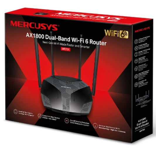 Router Wi-Fi 6 Mercusys MR70X AX1800 MU-MIMO OFDMA 1 x RJ45 WAN y 3 x RJ45 LAN gigabit 4 antenas 5dBi modo AP SmartConnect