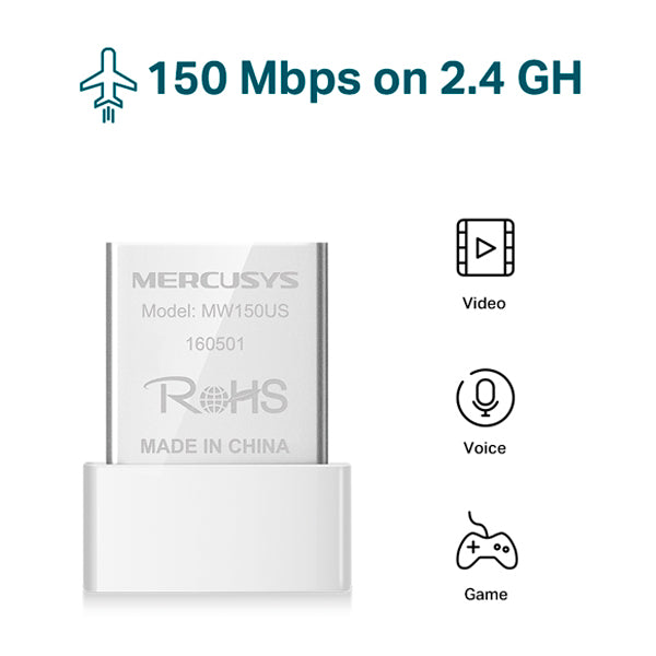 Adaptador inalámbrico USB 2.0 Mercusys MW150US Nano N 150Mbps compatible con Windows 8.1/8/7/XP (32/64bit)