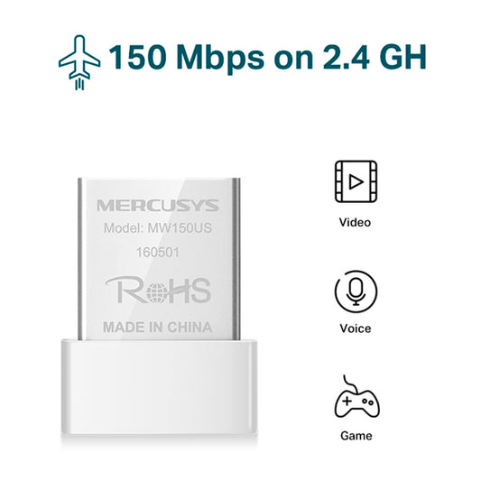 Adaptador inalámbrico USB 2.0 Mercusys MW150US Nano N 150Mbps compatible con Windows 8.1/8/7/XP (32/64bit)