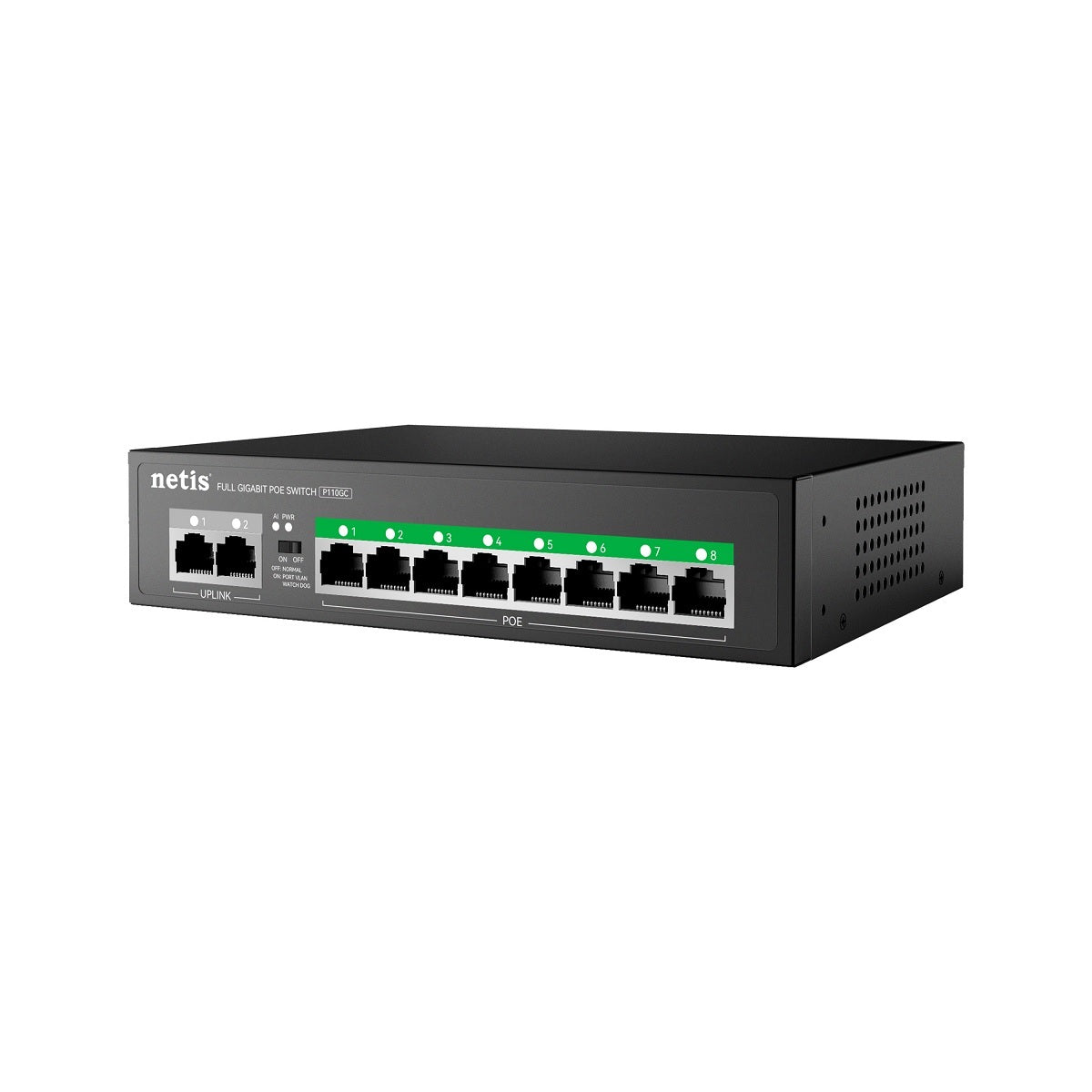 Switch Netis P110GC metálico de escritorio 10 puertos gigabit Watch Dog (8x PoE IEEE 802.3af/at max.120W y 2x GE Uplink) no administrable
