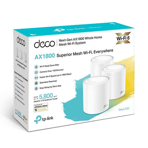 Sistema Deco X20 (3 piezas) TP-Link Mesh Wi-Fi 6 AX1800 (2 puertos RJ45 gigabit por pieza) MU-MIMO OFDMA Beamforming