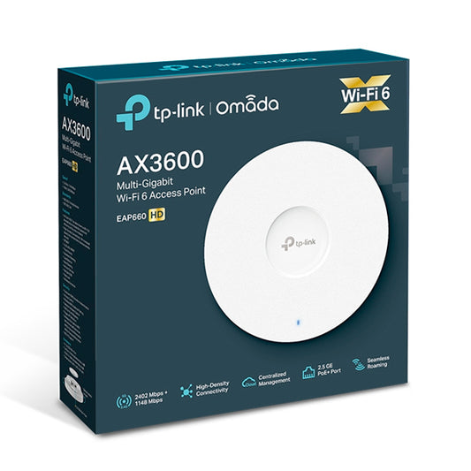 Access Point TP-Link para interior Wi-Fi 6 EAP660 HD AX3600 MU-MIMO 1 puerto RJ45 2.5Gbps PoE+ 802.3at Omada SDN ZTP