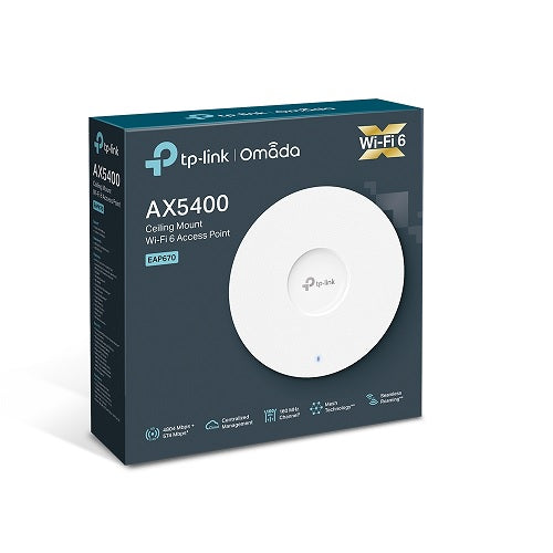 Access Point TP-Link para interior Wi-Fi 6 EAP670 AX5400 MU-MIMO 1x RJ45 2.5Gbps PoE+ 802.3at Omada Mesh SDN OFDMA HE160
