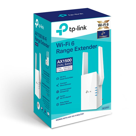 Extensor de rango inalámbrico TP-Link RE505X Wi-Fi 6 AX1500 OneMesh 1 puerto RJ45 gigabit 2 antenas externas