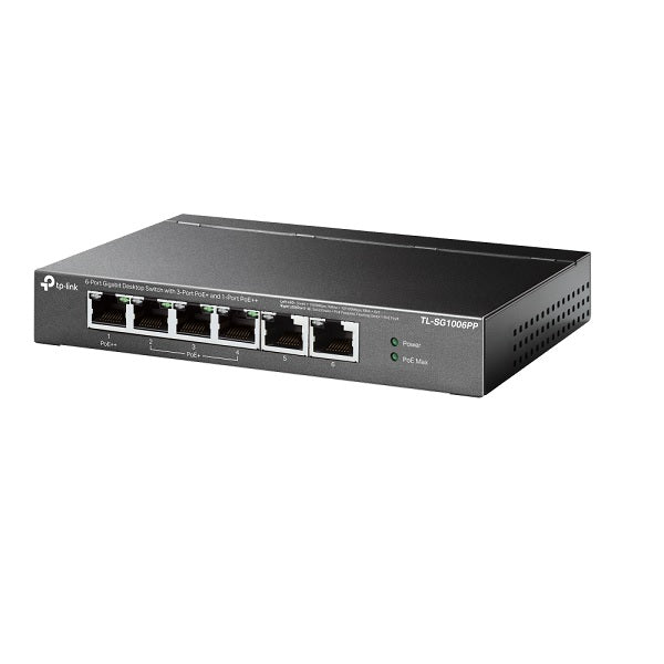 Switch TP-Link TL-SG1006PP metálico escritorio 6x RJ45 gigabit (1x PoE++ (máx 60W) y 3x PoE+ (máx. 30W) potencia total 64W) no administrable