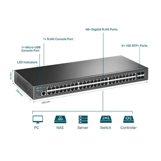 Switch TP-Link JetStream TL-SG3452X administrable L2+ 48 puertos gigabit y 4 puertos SFP+ 10GE 1 x MicroUSB y 1 x RJ45 consola