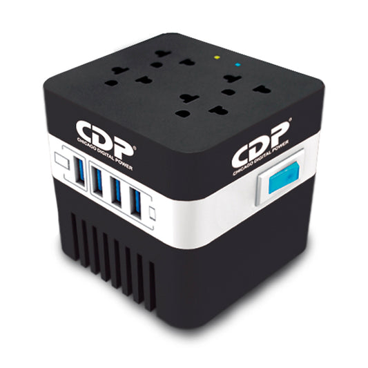 Regulador CDP RU-AVR604 600VA/300W 4 NEMA5-15R AVR 50/60 Hz indicadores LED y 4 puertos de carga USB 2.1A max