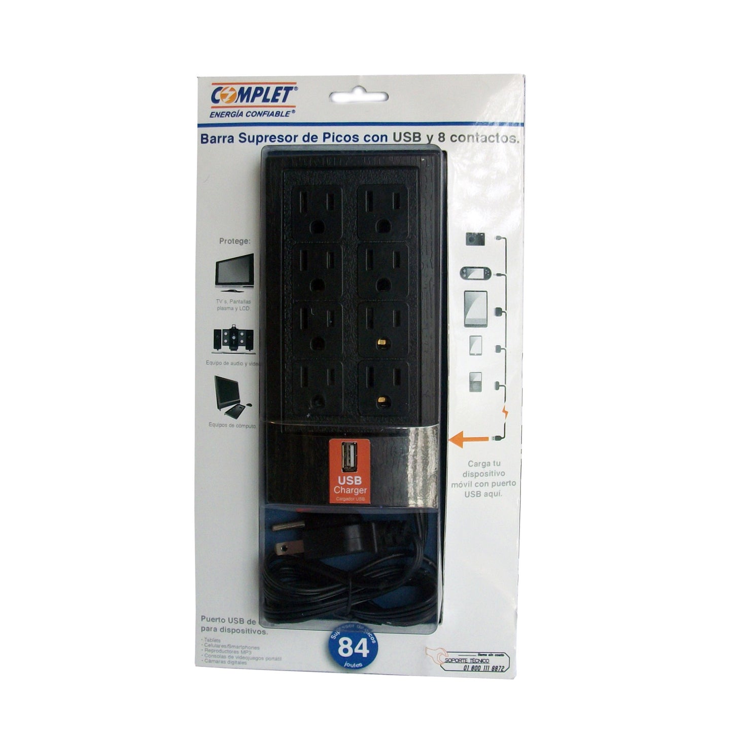 Supresor de Picos COMPLET BRC-1-005 700W 504 Joules 8 NEMA 5-15R 1x USB de carga