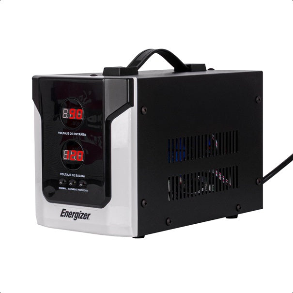 Regulador Energizer ERENRLB25VA de 2500 VA 1500 Watts línea blanca 2 contactos aterrizados 2 medidores digitales corriente 15A 90-145 V