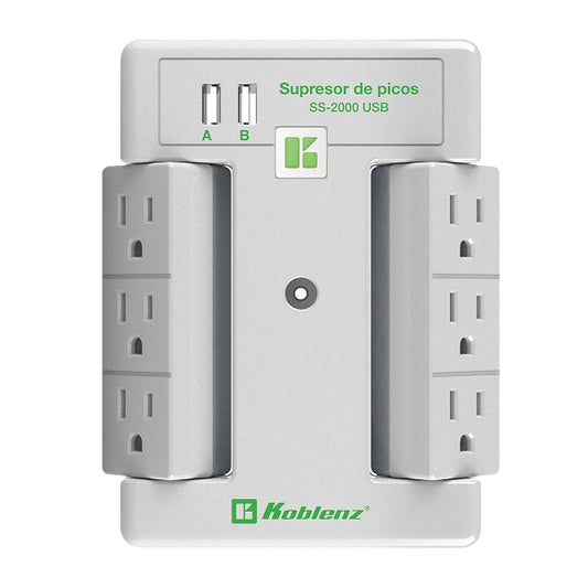 Supresor de picos Multicontacto de pared Koblenz SS-2000 USB 6 NEMA 5-15R giratorios y 2 USB de carga 2.4A 5Vcc 15A 2000 Joules