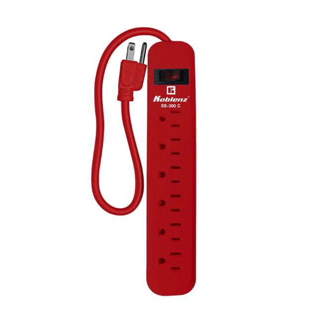 Supresor de picos Multicontacto Koblenz SS-300 C color rojo protección 300 Joules 6 NEMA 5-15R aterrizados switch On/Off iluminado