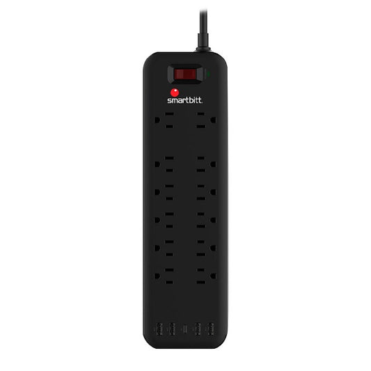 Supresor de picos Smartbitt SBSS-B12-5U 12 NEMA 5-15R 3600 Joules 1 x USB-C 5V-3A y 4 x USB-A 5V-2.4A switch On/Off 13A