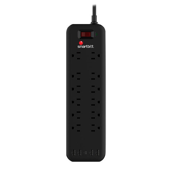 Supresor de picos Smartbitt SBSS-B12-5U 12 NEMA 5-15R 3600 Joules 1 x USB-C 5V-3A y 4 x USB-A 5V-2.4A switch On/Off 13A