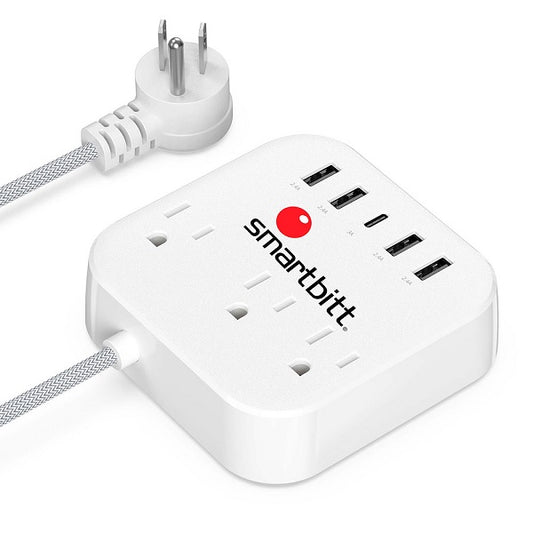 Multicontacto portátil Smartbitt SBSS-B3-5U 3 NEMA 5-15R 1 x USB-C 5V-3A y 4 x USB-A 5V-2.4A longitud de cable 1.5M