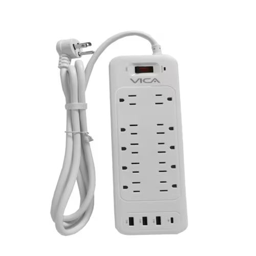 Multicontacto VICA 9P con 10x NEMA 5-15R 15A / 125 Vca / 1875W 3x USB Tipo A 2.4A y 1x USB-C 3A salida total 5V 5A Max cable 1.2M