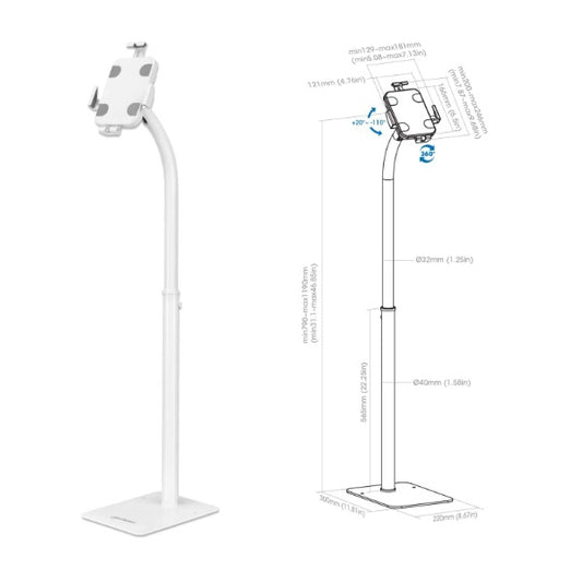 Soporte Manhattan para Tablet o iPad antirrobo altura ajustable y bloqueable para piso 7.9 a 11 pulg rotacion 360 blanco