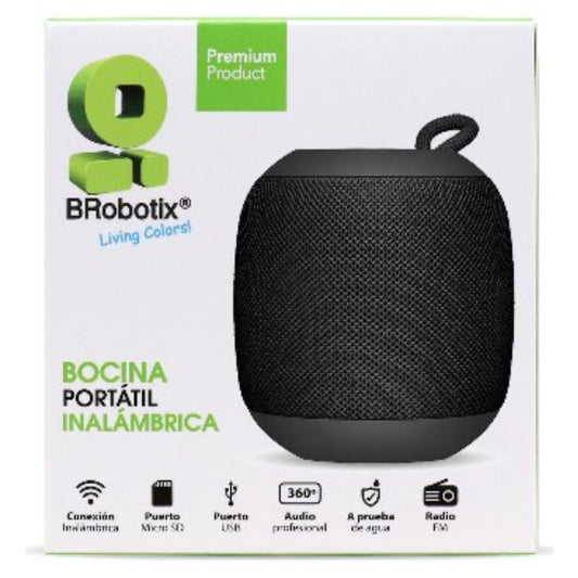 Bocina portatil Brobotix Inalambrico 360 bluetooth radio FM puerto USB micro SD modelo 263069 color Negro
