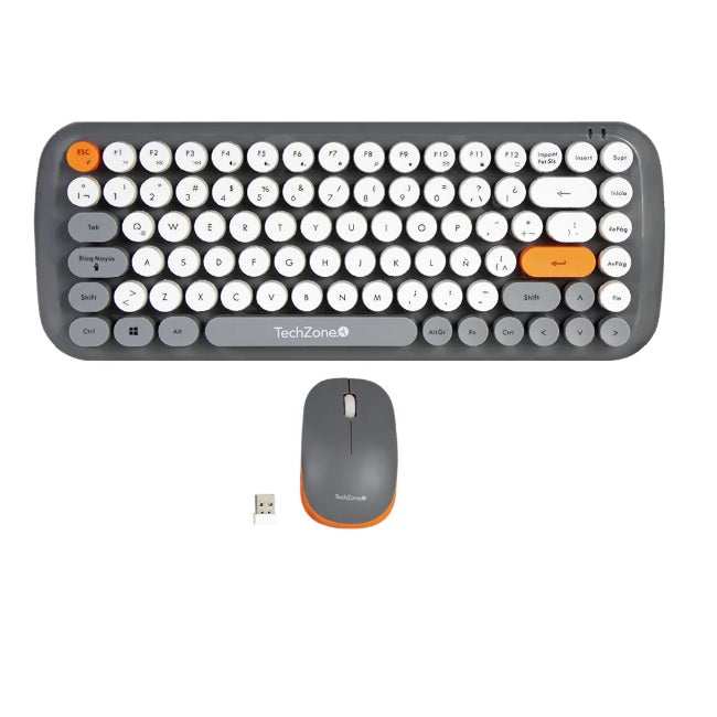 Kit Teclado y Mouse Techzone RETRO MECHANIC Gris c/Blanco DPI 1600 Inalambrico 2400mhz Compatible con Windows y macOS