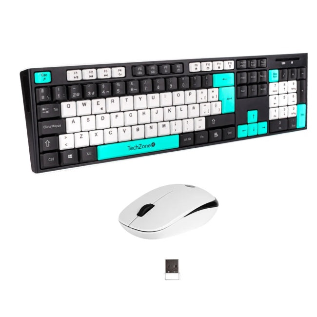 Kit Teclado y Mouse Techzone Gradient Negro c/azul menta y blanco conexión inalámbrica con 105 teclas y Mouse con 3 Botones DPI 1000