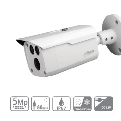 Camara dahua DH-HAC-HFW1500DN-0360B bullet 5 mpx lente 3.6 mm IR 80 m metalica 92 gds de apertura IP67