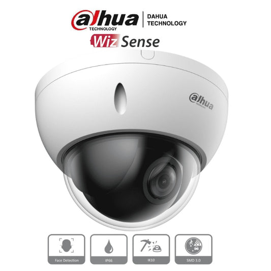 Camara Dahua SD22204DB-GNY IP PTZ de 2 Mpx / WizSense/ 4x de Zoom optico/ Starlight /Deteccion facial/ SMD 3.0/ Antivandalica IK10/ Exterior IP66/ Proteccion perimetral / Ranura para MicroSD/ P