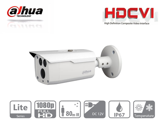 Camara Dahua DH-HAC-HFW1200DN-0360B-S5 bullet HDCVI 1080p lente 3.6mm IR 80 m metalica exterior 87.5 gds apertura IP67
