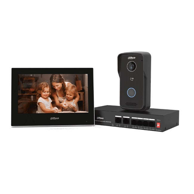 Kit Dahua KTP03-V2 videoportero IP monitor 7 pul switch 4 puertos PoE frente de calle IP65