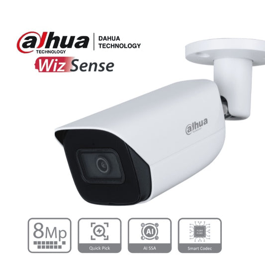 Camara Dahua DH-IPC-HFW3841E-AS-S2 IP bullet 8 mpx lente 2.8 mm metalica exterior 107 gds wizense IA microfono integrado audio PoE IP67