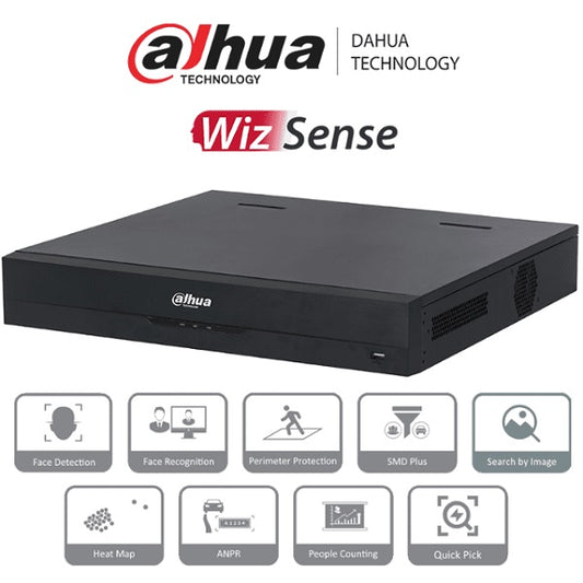 NVR Dahua DHI-NVR4432-16P-EI 8 mpx 4 k 32 canales IP 16 puertos PoE rendimiento 256 mbps 4 bahias de discos duros 1 canal de reconocimiento facial