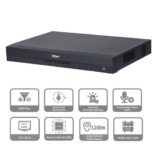 DVR Dahua DH-XVR4232AN-I(V2.0) 32 canales de1080p lite wizsense h265 codificacion IA 2 bahias de discos duros hasta 16 canales ip busqueda inteligente humanos y vehiculos